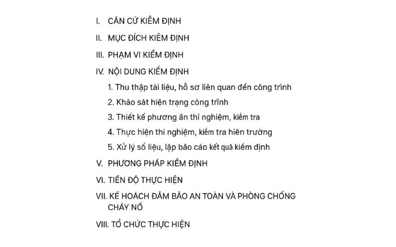Đề cương kiểm định công trình gồm một số đầu mục như hình trên