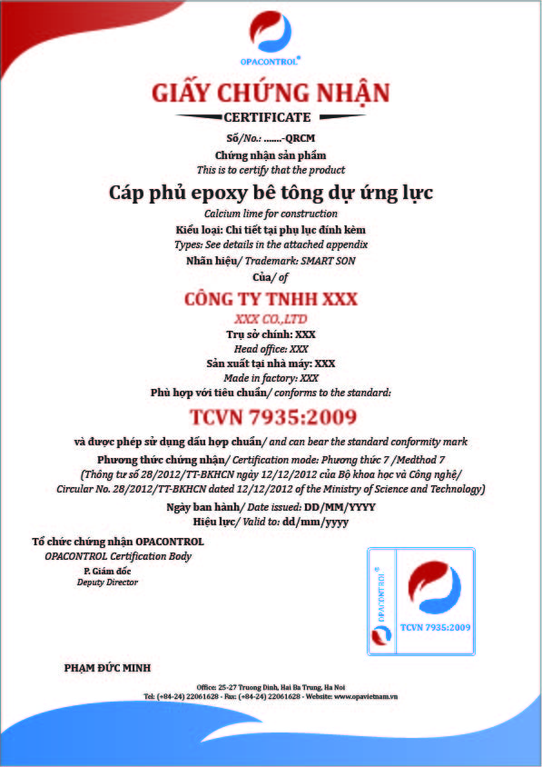 Mẫu giấy chứng nhận hợp chuẩn sản phẩm Cáp phủ epoxy bê tông dự ứng lực phù hợp tiêu chuẩn TCVN 7935:2009 (ISO 14655:1999)