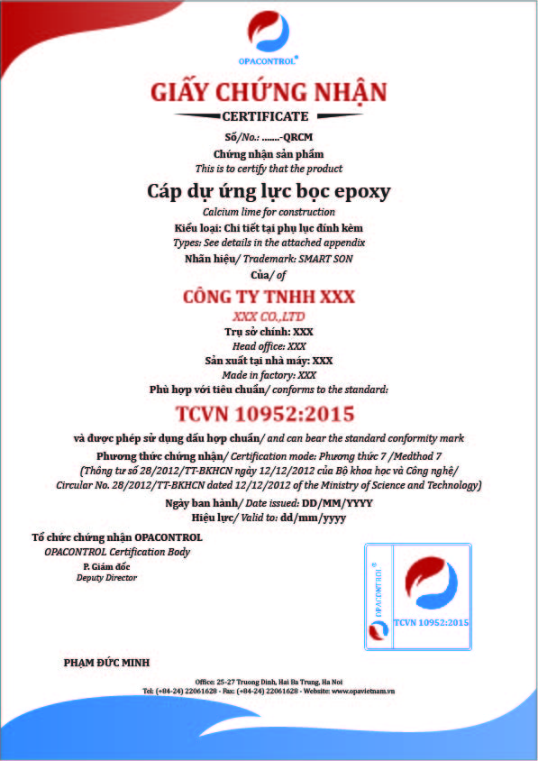 Hình ảnh giấy chứng nhận hợp chuẩn cho Cáp dự ứng lực bọc epoxy từng sợi đơn phù hợp tiêu chuẩn TCVN 10952:2015
