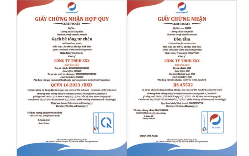 Hình ảnh mẫu giấy chứng nhận hợp chuẩn hợp quy để thực hiện công bố hợp chuẩn và công bố hợp quy tại OPACONTROL
