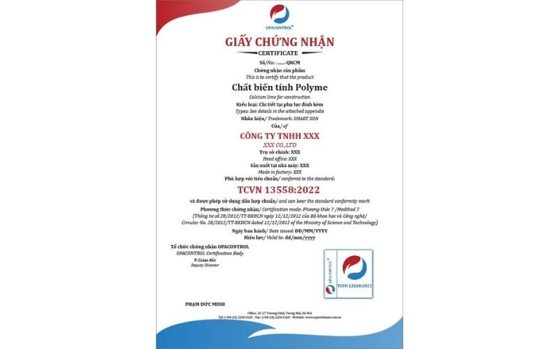 Giấy hợp chuẩn Chất biến tính polyme trong vữa và bê tông xi măng theo TCVN 13558:2022 tại OPACONTROL 