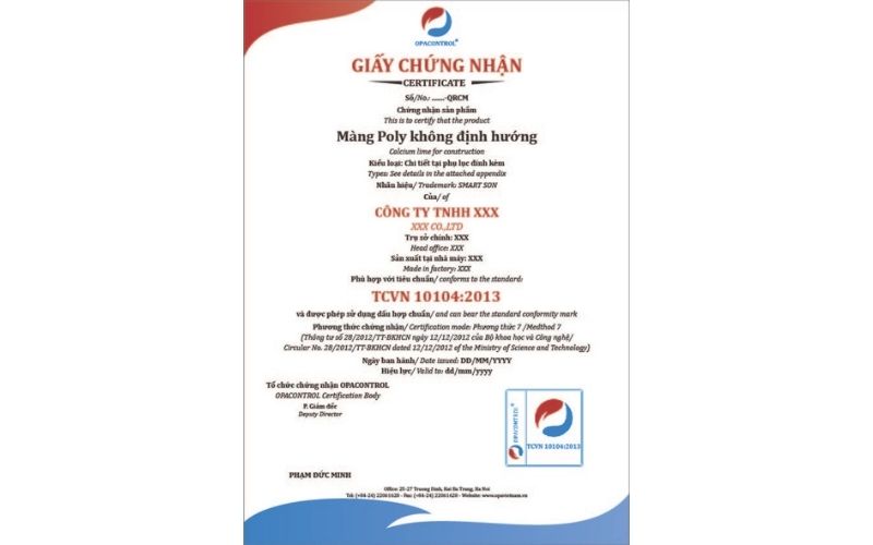 Giấy chứng nhận hợp chuẩn Chất dẻo – Màng PET không định hướng theo TCVN 10104:2013