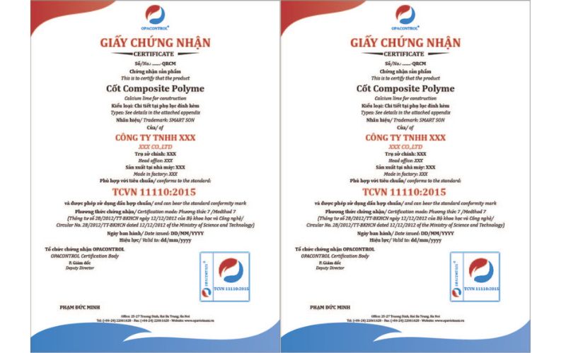 OPACONTROL cung cấp giấy chứng nhận sản phẩm Cốt composit Polyme theo tiêu chuẩn TCVN 11110:2015