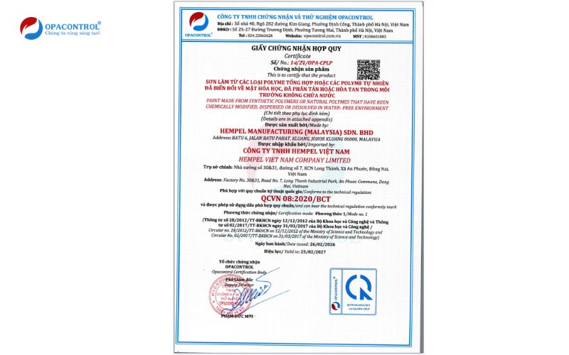 Giấy chứng nhận hợp quy phương thức 7 OPACONTROL cung cấp 