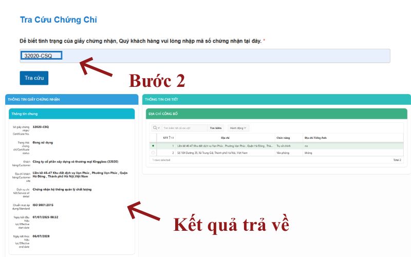 Nhập mã số giấy chứng nhận và nhận kết quả trả về