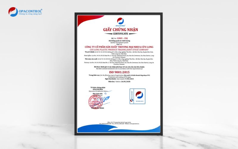 Hiệu lực của giấy chứng nhận ISO 9001 OPACONTROL cấp cho khách hàng
