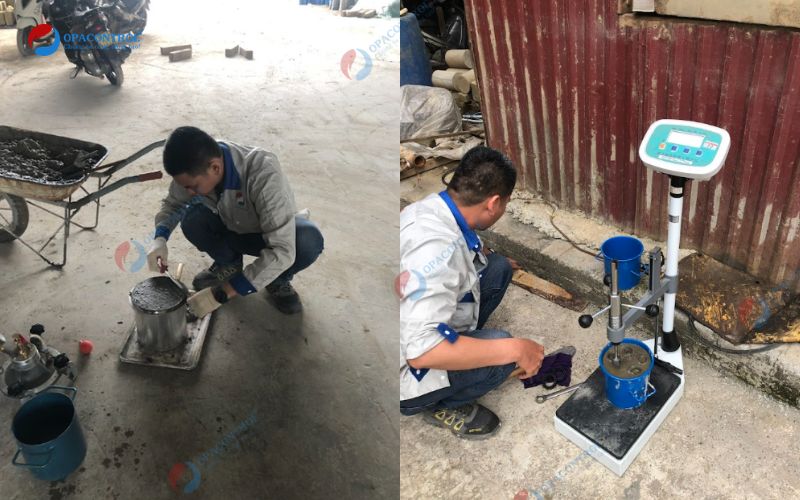 Chuyên gia OPACONTROL trộn mẫu bê tông trước khi tiến hành thử nghiệm