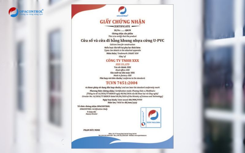 Mẫu giấy chứng nhận cửa sổ và cửa đi bằng khung nhựa cứng U-PVC phù hợp TCVN 7451:2004