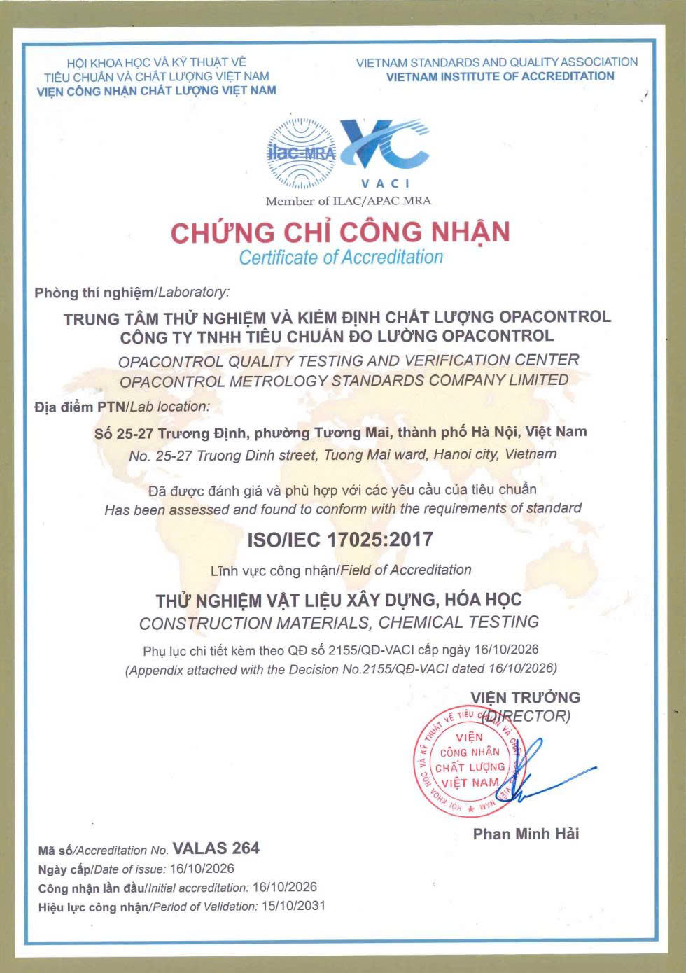 Quyết định công nhận ISO 17025 với Trung tâm thử nghiệm và kiểm định chất lượng OPACONTROL